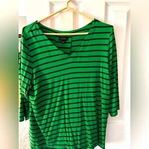 J Jill Shirt Top Tee Striped Green Navy Blue V Neck 3/4 Sleeve  Rayon medium